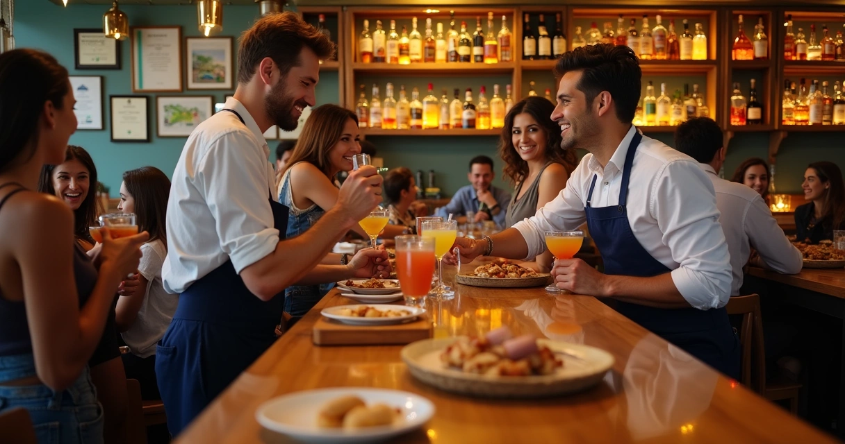 Bar scene with patrons drinking, food on the counter, and health certificates on the wall.