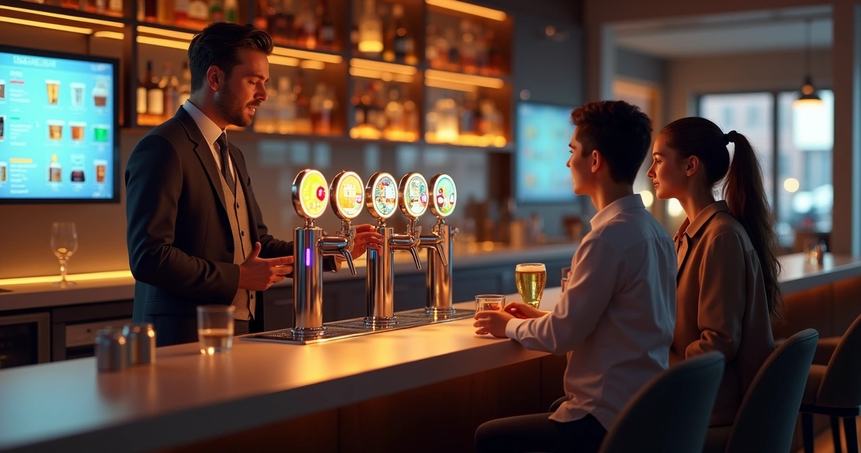 Sommelier ao lado de torneira de chope em sistema de autosserviço em bar moderno mostrando estilos de cerveja para cliente